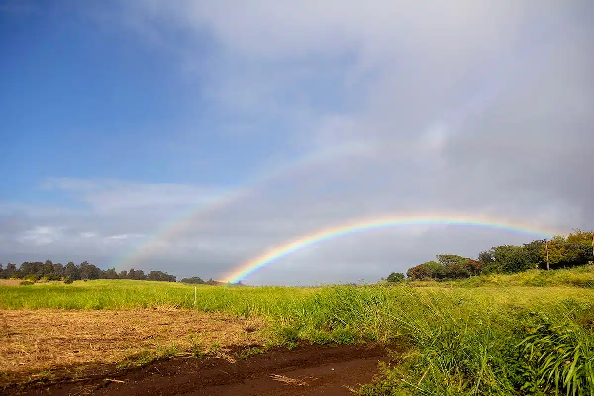 A vibrant double rainbow arches over a grassy field under a partly cloudy sky.