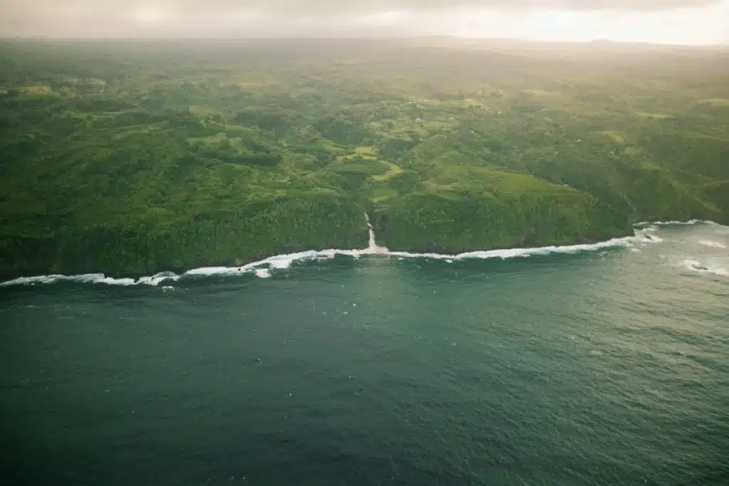 An aerial view of a lush, green coastal landscape with a waterfall flowing into the ocean. The shoreline is lined with cliffs and surrounded by dense forest under a cloudy sky.
