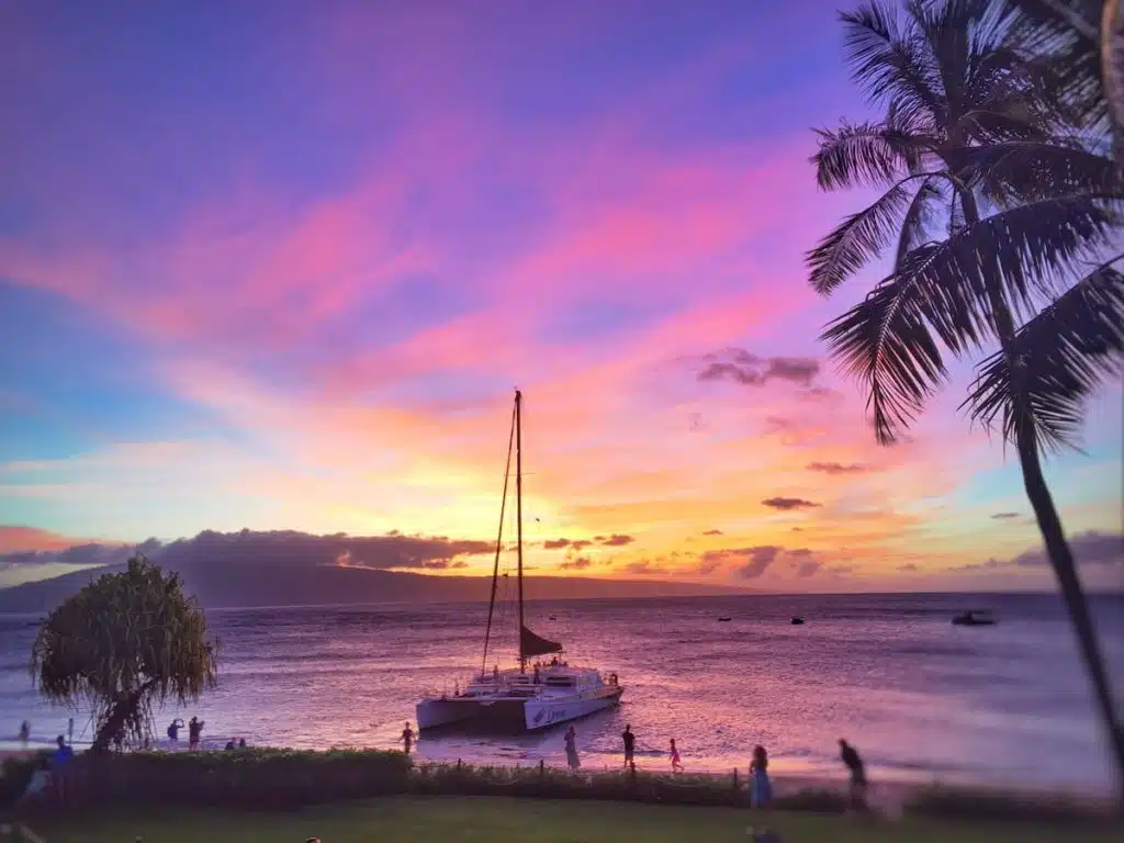 A sailboat is docked near the shore under a vibrant sunset sky with pink, purple, and orange hues. A palm tree is silhouetted on the right, and the water reflects the colorful sky. People are walking along the beach.