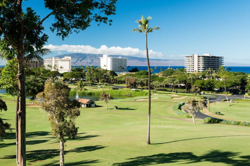 A scenic view of a tropical golf course with manicured greens, palm trees, and resort buildings in the background, set against the backdrop of the ocean and mountains.