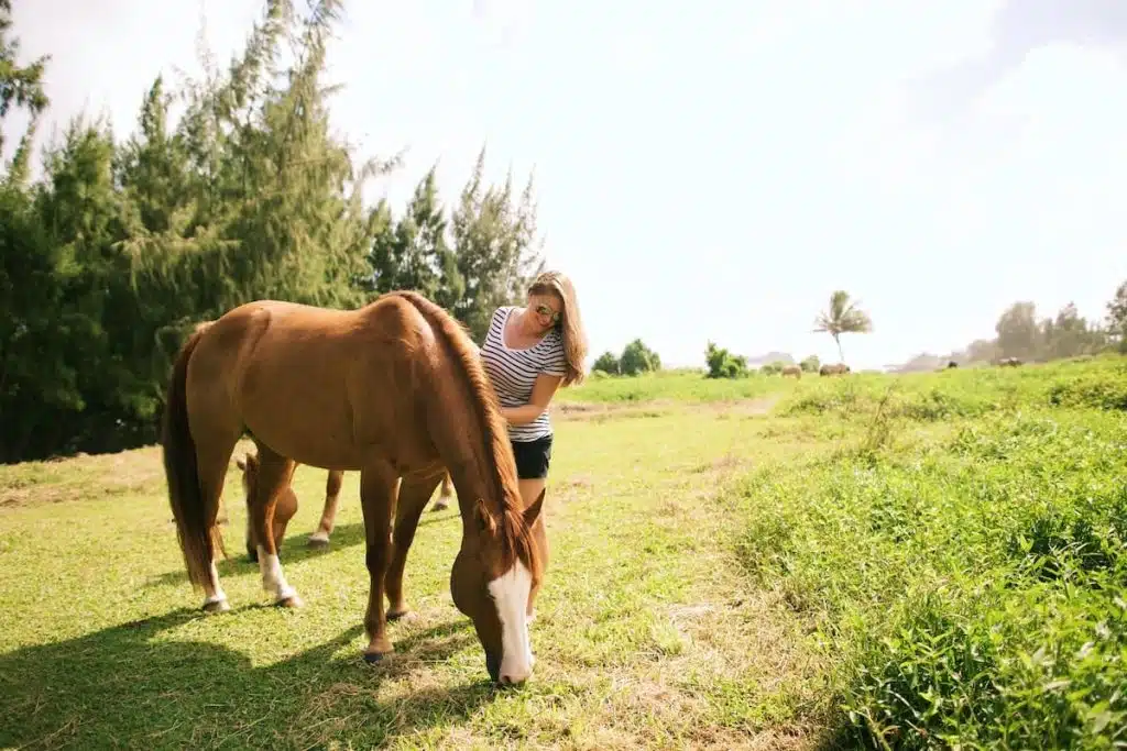 A woman in a striped shirt and sunglasses is standing beside a brown horse grazing in a grassy field with trees in the background.