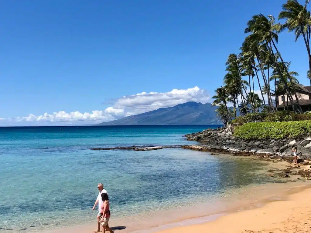 A couple walks along a sandy beach with clear blue water and palm trees, set against a backdrop of a mountain under a bright blue sky.