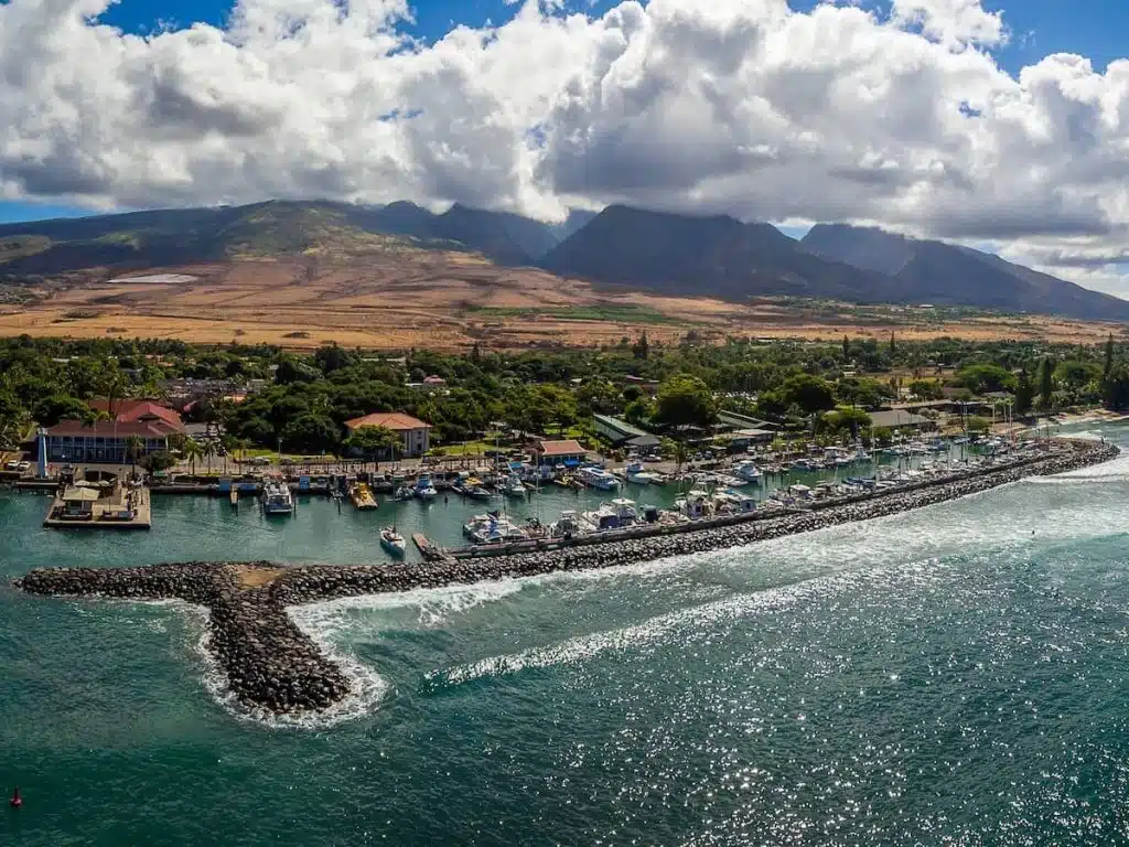 Aerial view of a coastal town with a marina, featuring boats docked along a protective rock jetty, surrounded by lush greenery and buildings. In the background, rolling hills and mountains with scattered clouds are visible under a blue sky.