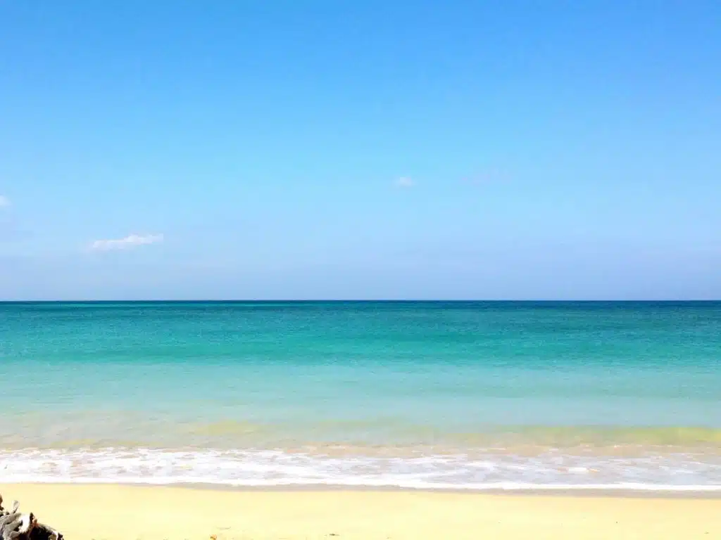 A serene beach with golden sand and gentle waves, under a clear blue sky.