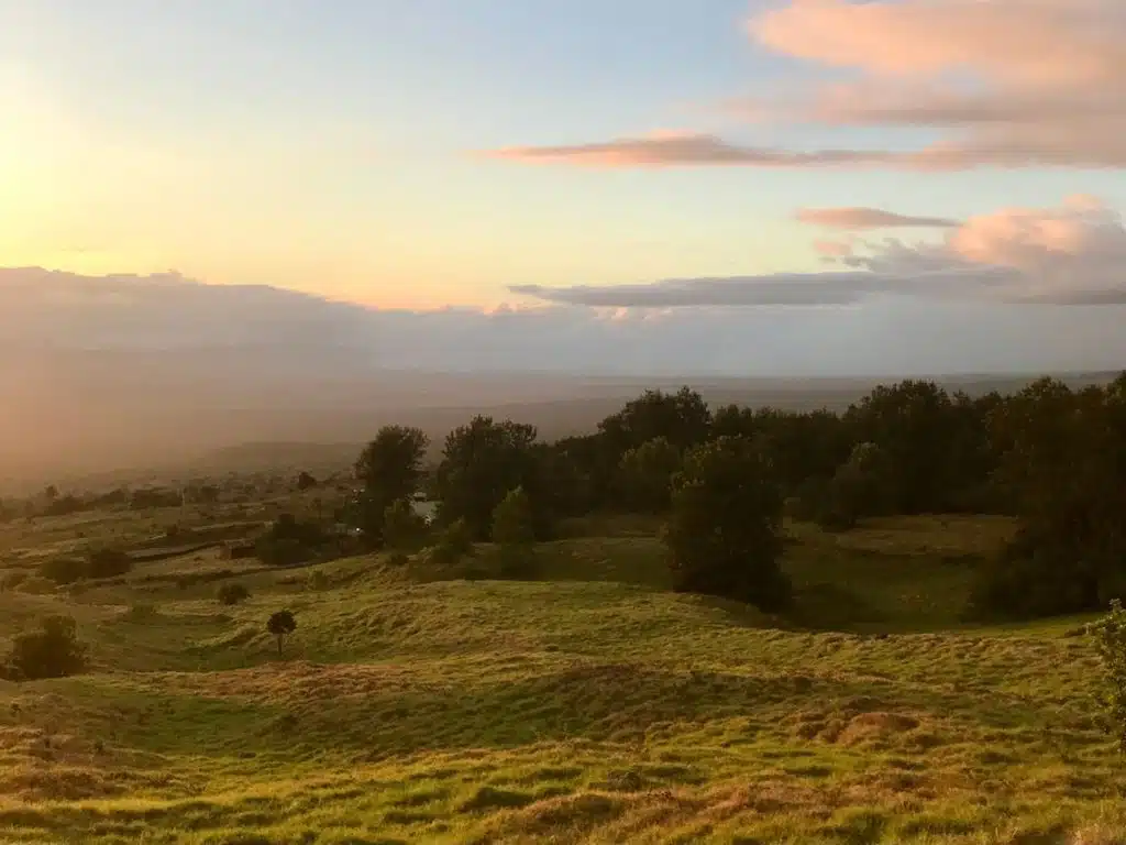 A scenic landscape at sunset with rolling green hills, scattered trees, and a sky filled with clouds tinged by orange sunlight.