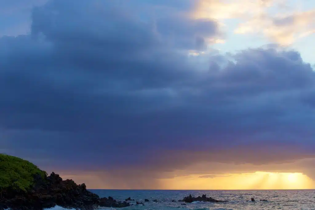A scenic view of the ocean at sunset, with a rocky shoreline and green shrubbery in the foreground. The sky is filled with dark clouds, partially obscuring the sun, which casts a golden light on the horizon.