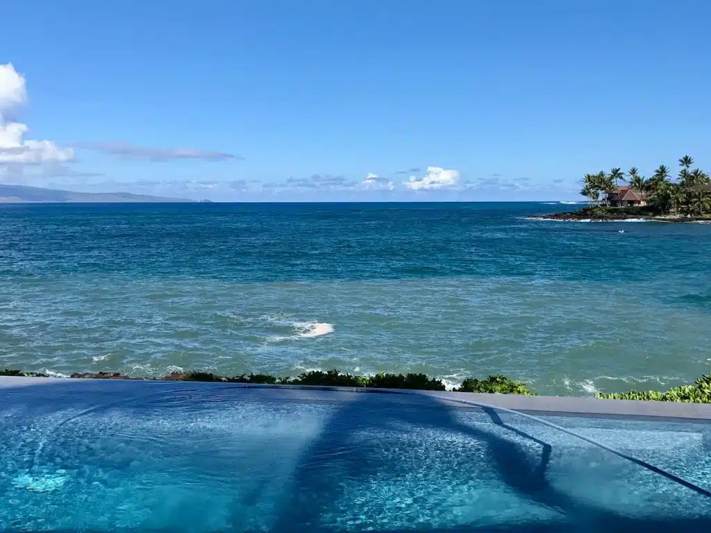 An infinity pool overlooking a vibrant blue ocean with a small peninsula featuring palm trees and a building in the background under a clear blue sky.