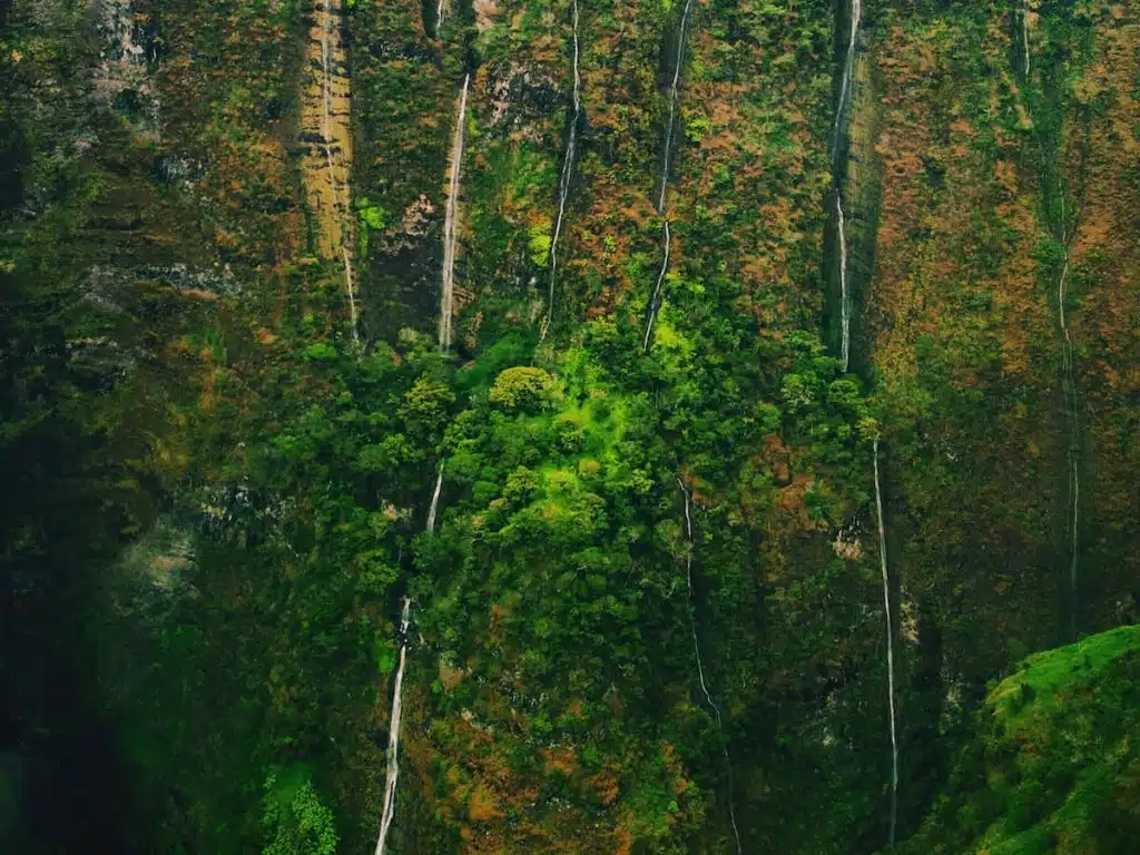 Lush green cliffs with several thin waterfalls cascading down their rocky faces in a tropical setting.