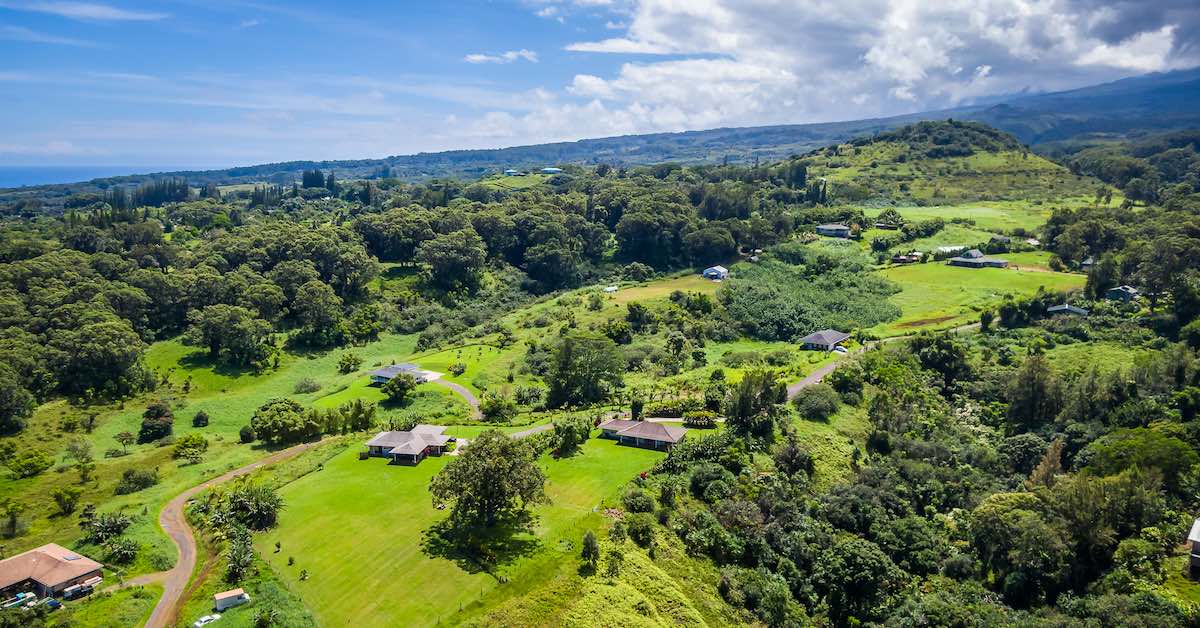 An aerial view of a neighborhood in Haiku on Maui's North Shore